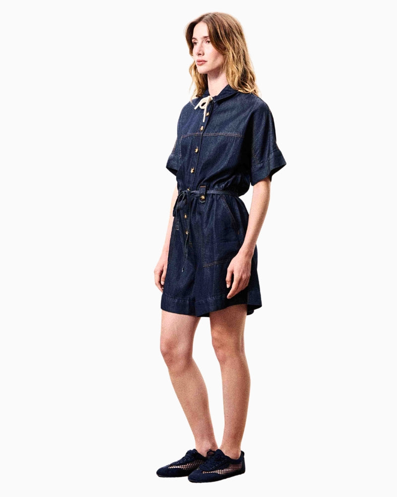 FRNCH MARISELLE denim playsuit indigo blue side view