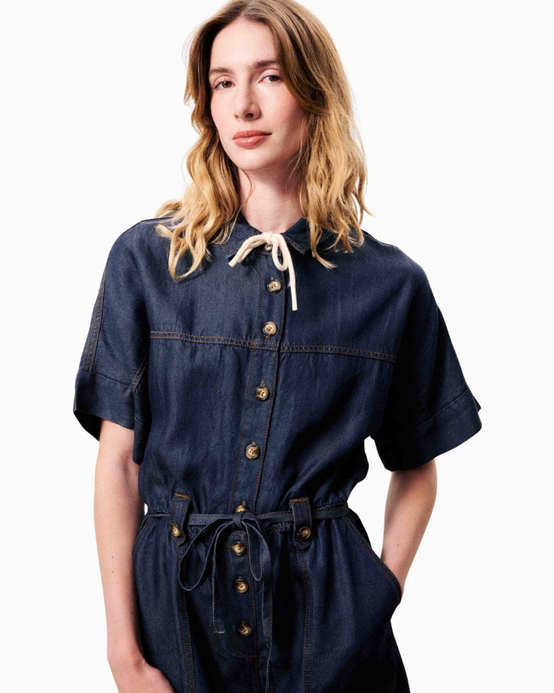 FRNCH MARISELLE denim playsuit indigo blue waist tie detail