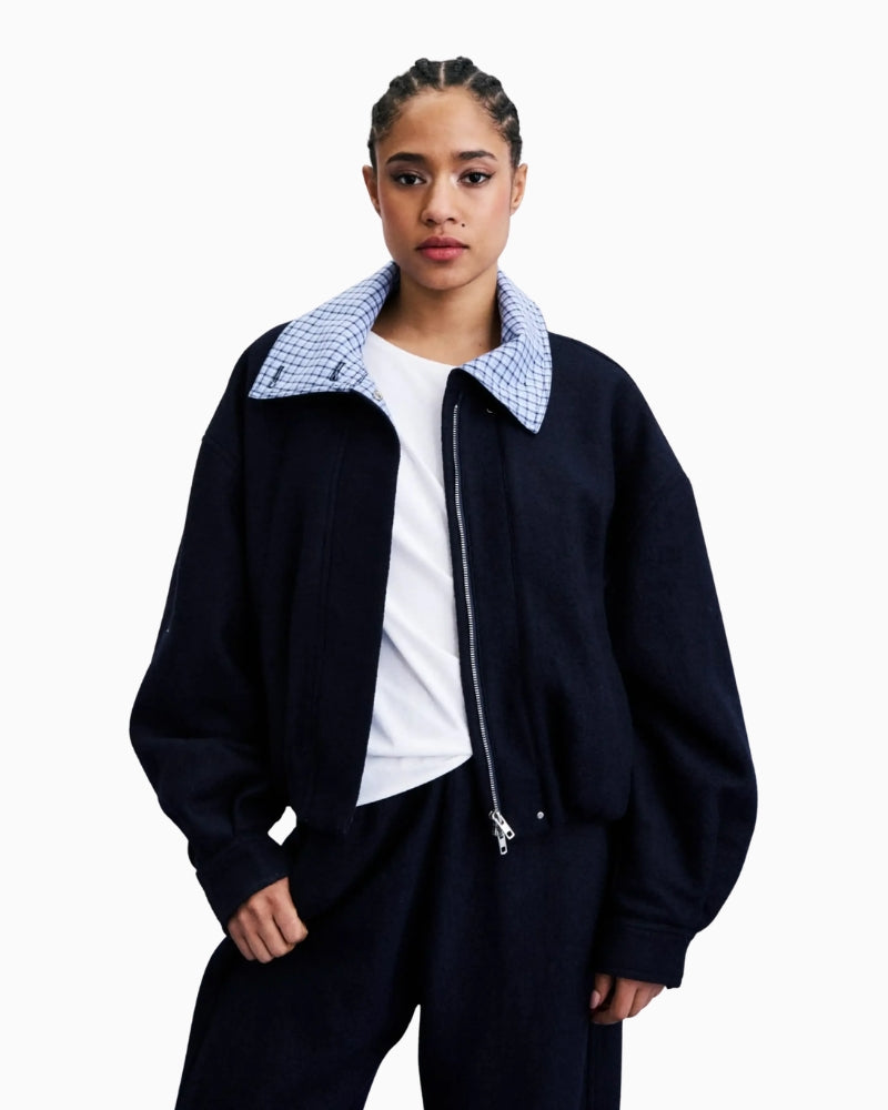 FRNCH Maritsa Bomber Jacket in navy blue front view
