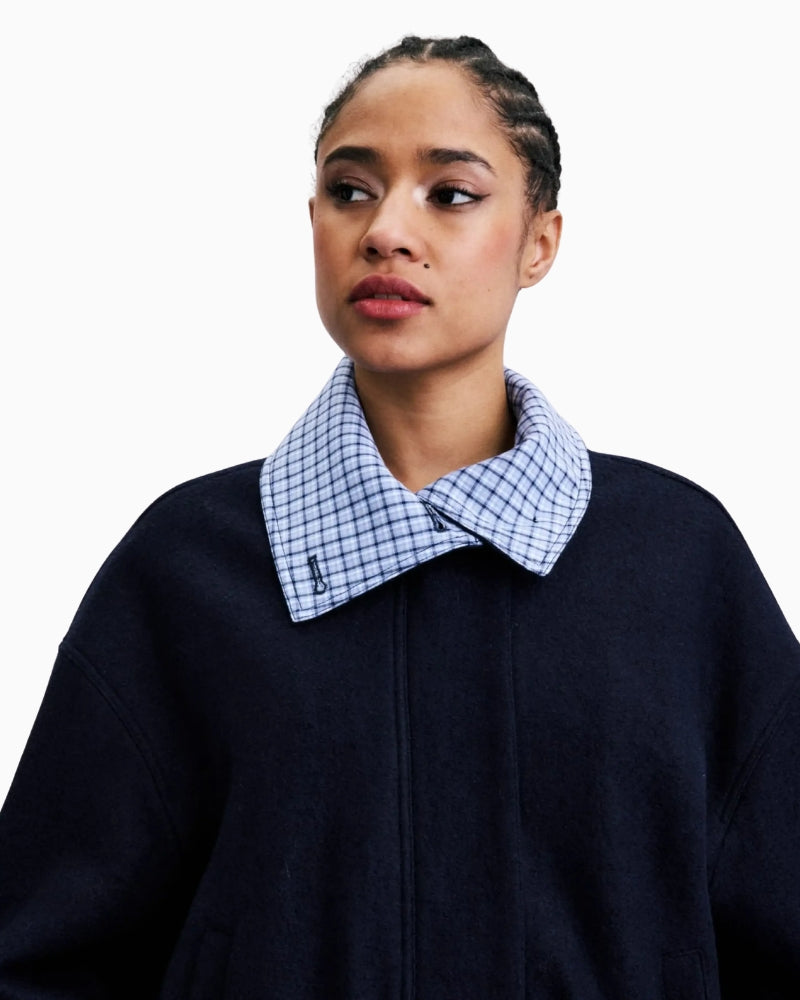 FRNCH Maritsa Bomber Jacket in navy blue gingham collar detail