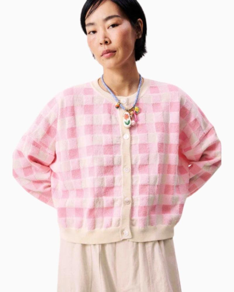 FRNCH Padina Pink Cardigan gingham detail full view