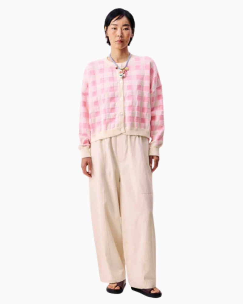 FRNCH Padina Pink Cardigan styled with wide trousers