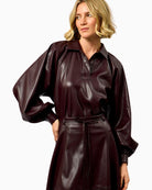 FRNCH Seorak Faux Leather Shirt in brown collar detail