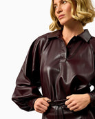 FRNCH Seorak Faux Leather Shirt in brown faux leather detail