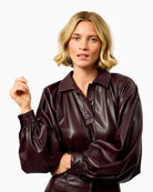 FRNCH Seorak Faux Leather Shirt in brown front view