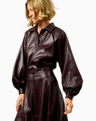 FRNCH Seorak Faux Leather Shirt in brown side view