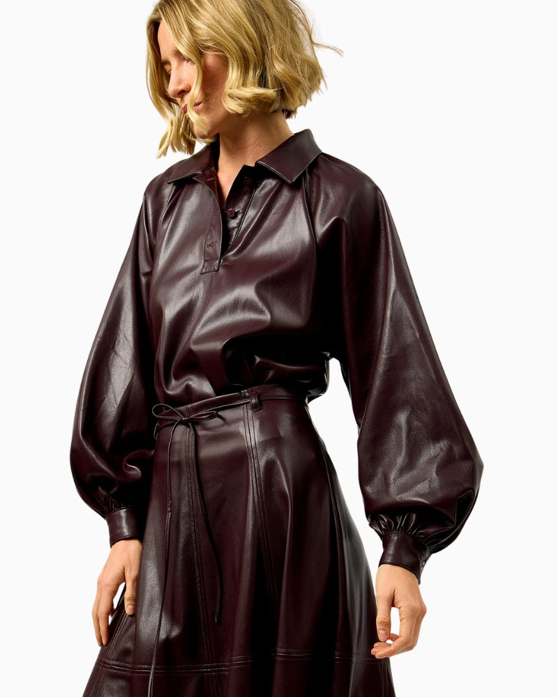 FRNCH Seorak Faux Leather Shirt in brown side view