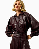 FRNCH Seorak Faux Leather Shirt in brown styled view