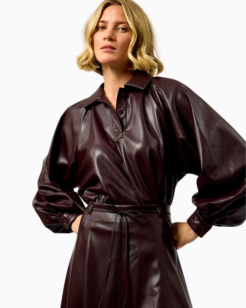 FRNCH Seorak Faux Leather Shirt in brown styled view