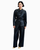 FRNCH Takayama Faux Leather Shirt in black collar and button detail