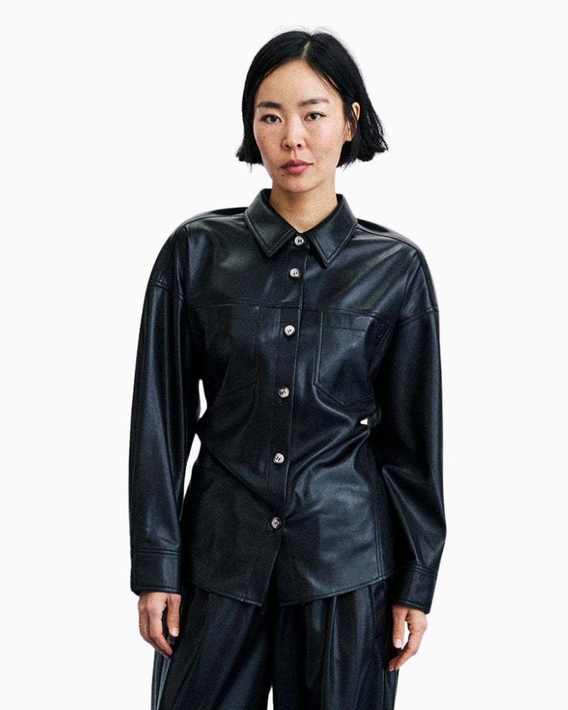 FRNCH Takayama Faux Leather Shirt in black front view