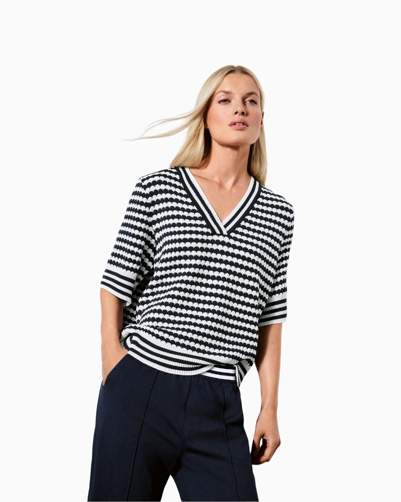 Faber jacquard knit V-neck sweater in navy and white with ribbed trim