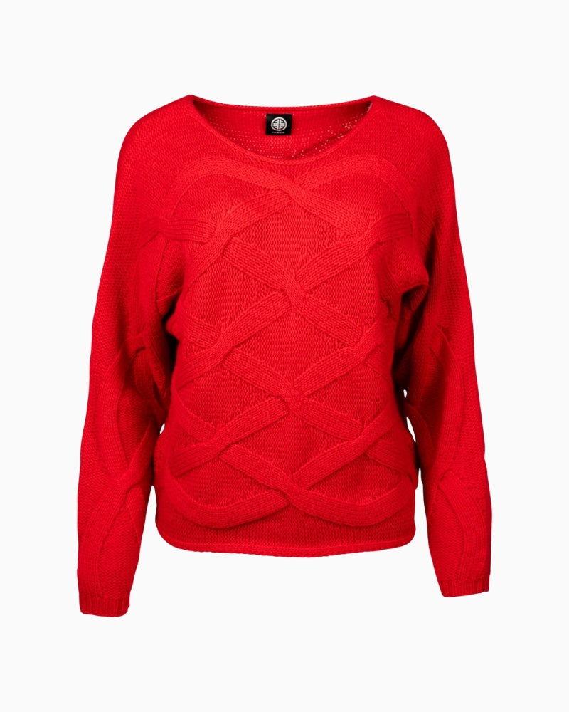 Front view of Faber red cable-knit sweater with batwing sleeves and relaxed fit