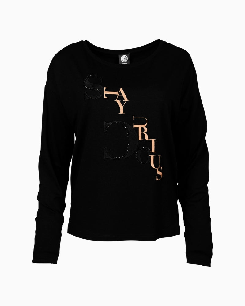 Front view of Faber black jersey top with nougat embroidery and rhinestone detail