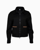 Front view of Faber short scuba jacket in black/nougat with patch pockets and Kent collar