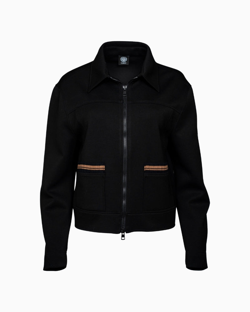 Front view of Faber short scuba jacket in black/nougat with patch pockets and Kent collar