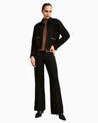 Front view of Faber short scuba jacket in black/nougat with patch pockets and Kent collar