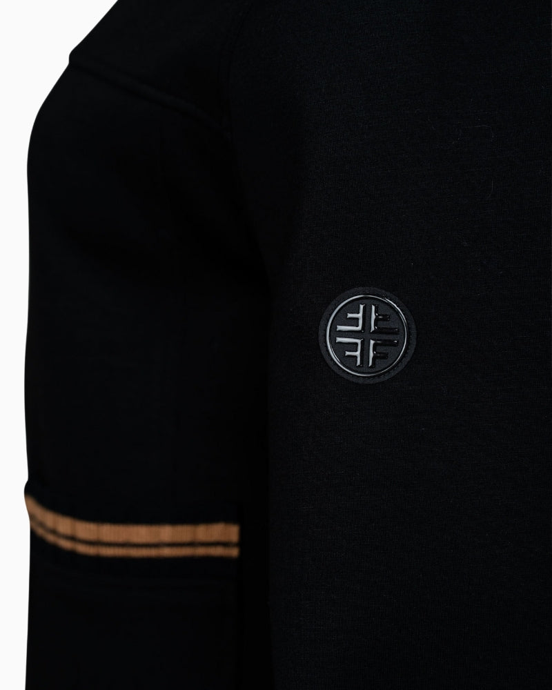 Close-up of two-way zipper and logo sleeve coin on Faber scuba jacket