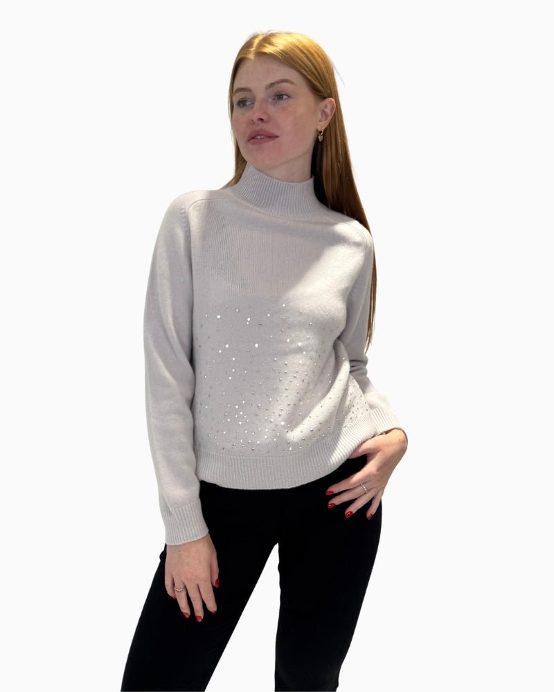 Front view of Faber cream wool-cashmere jumper with silver stud hem detail