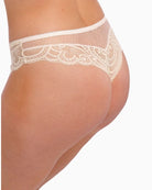Close-up of guipure embroidery and lined front panel for added comfort