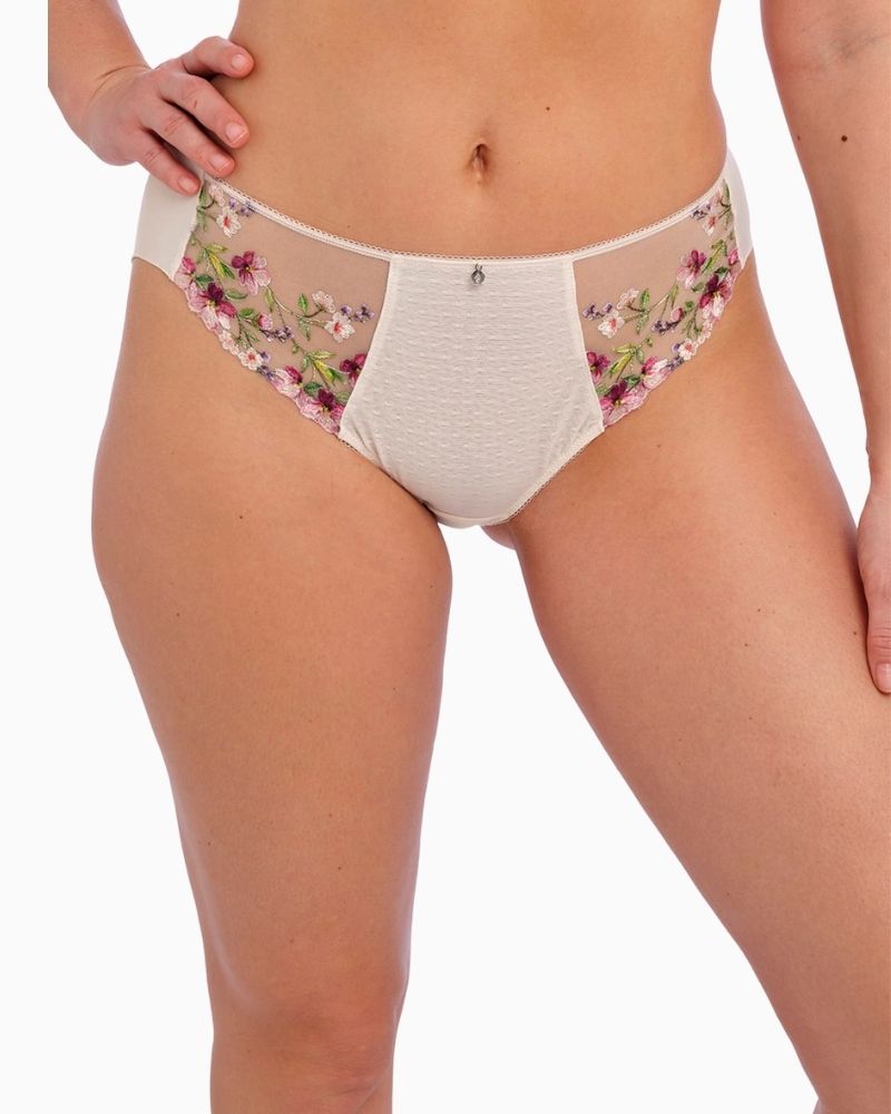 Close-up of embroidery detail and spot mesh lining on the Fantasie brief