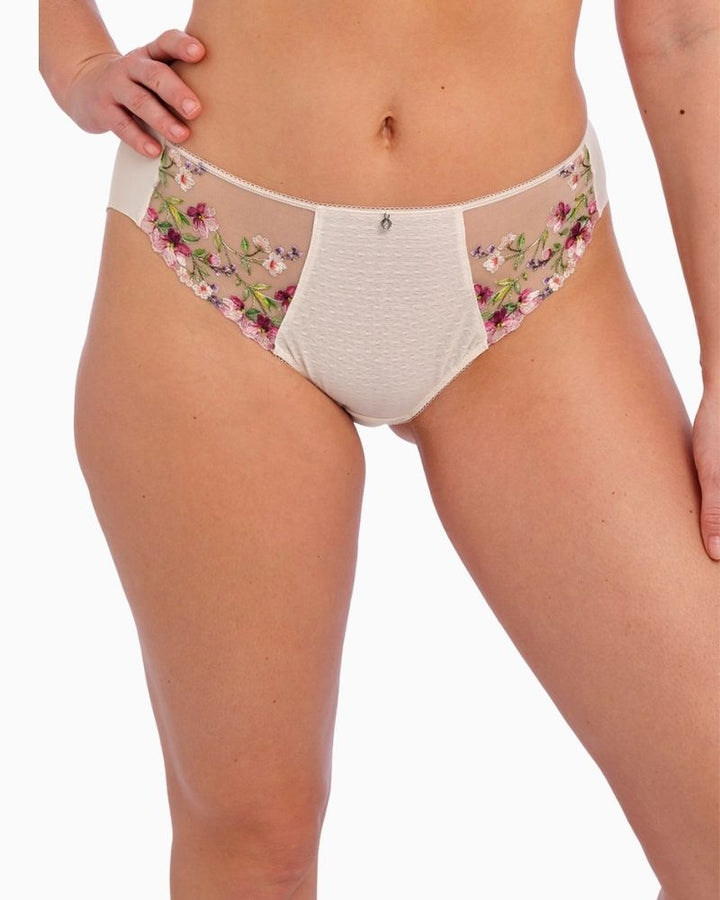 Close-up of embroidery detail and spot mesh lining on the Fantasie brief