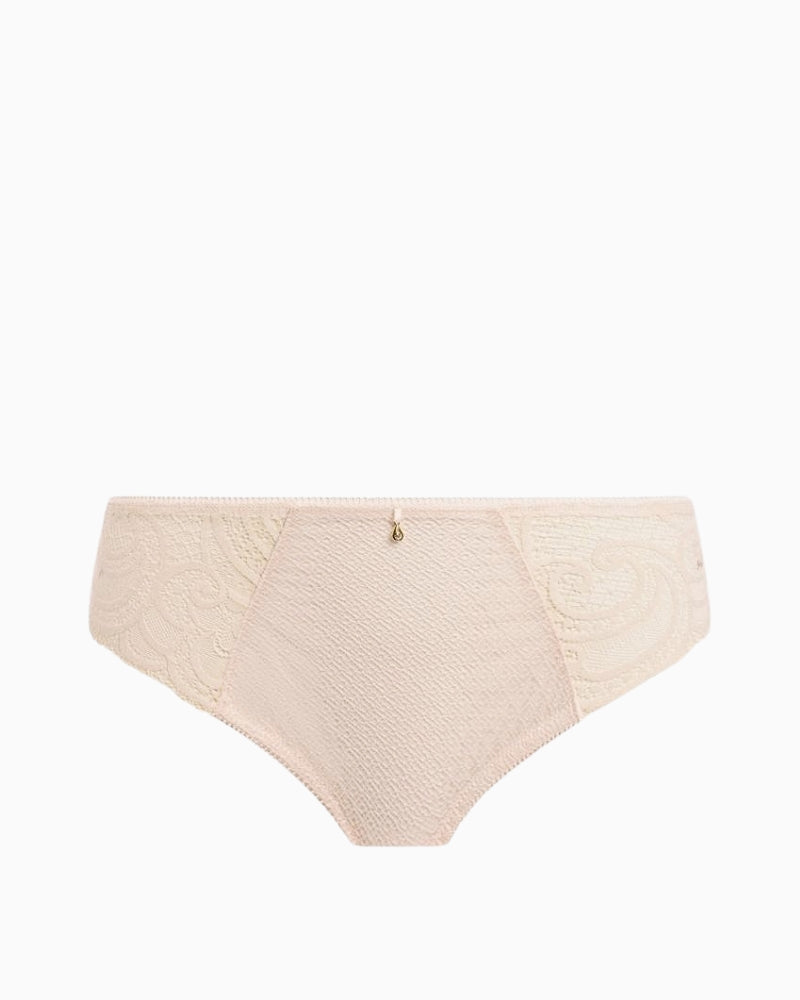 Flat lay of  Fantasie Cerys Brazilian Thong in cream pink lace with embroidered front