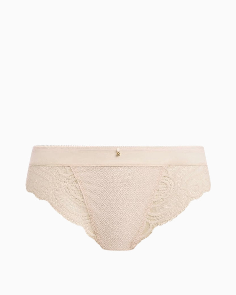 Flat lay of  Fantasie Cerys Brief in cream pink with delicate lace front and guipure 