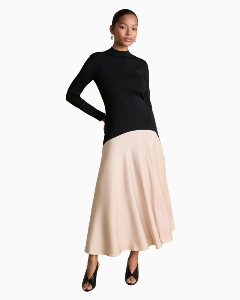 Florere Acacia Curved Seam Midi Dress in Black/Cream front view