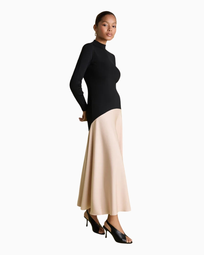 Florere Acacia Curved Seam Midi Dress in Black/Cream side view