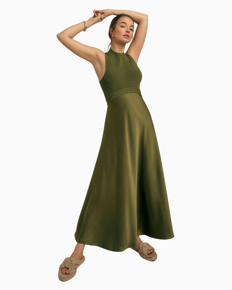 Florere Knit & Rib Satin Hybrid Midi Dress in khaki front view