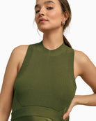 Florere Knit & Rib Satin Hybrid Midi Dress in khaki rib knit bodice detail