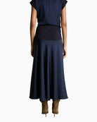 Florere Knit & Satin Midi Skirt in Navy back view