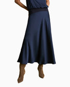 Florere Knit & Satin Midi Skirt in Navy front view