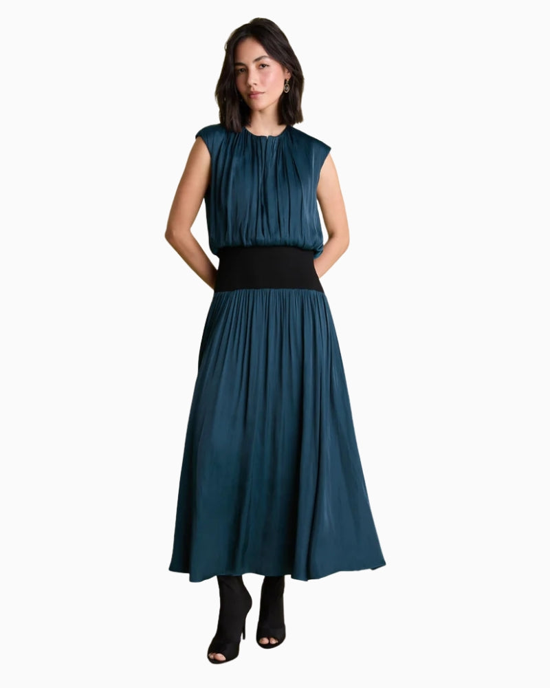 Florere Knit & Satin Panel Midi Dress in Teal front view
