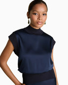 Florere Knit & Satin Top in Navy deep hem detail