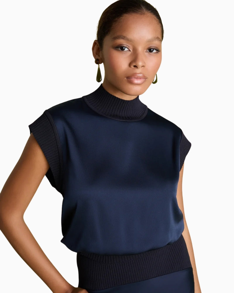 Florere Knit & Satin Top in Navy deep hem detail