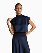 Florere Knit & Satin Top in Navy front view
