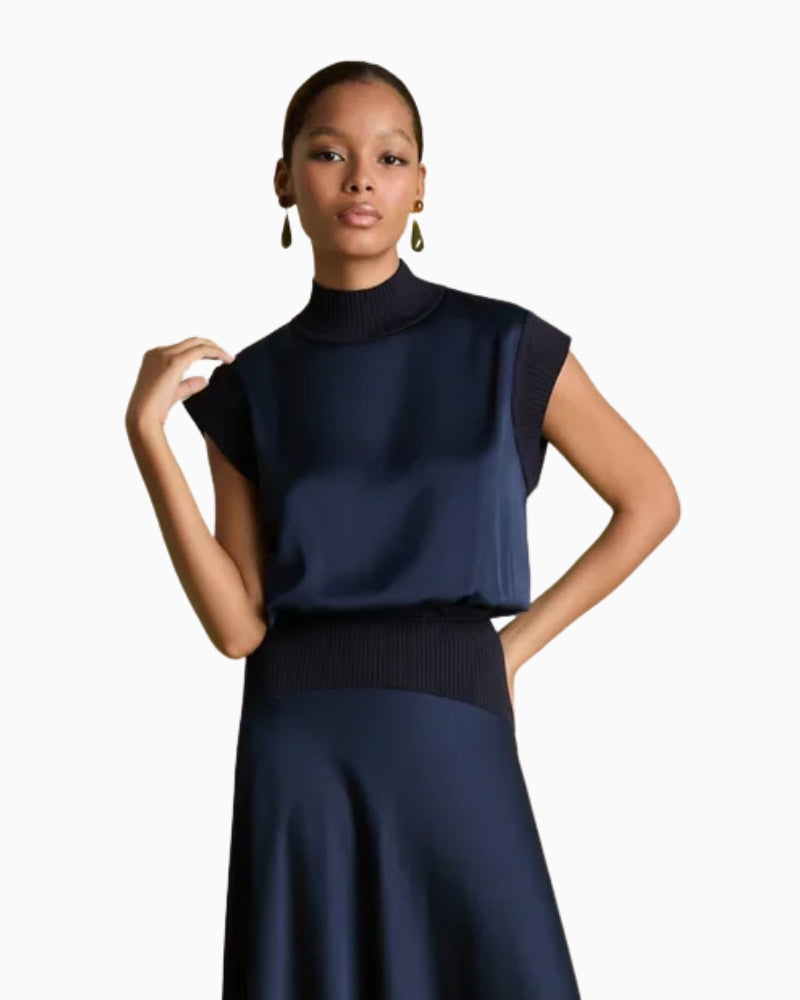Florere Knit & Satin Top in Navy front view