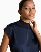 Florere Knit & Satin Top in Navy high neck detail