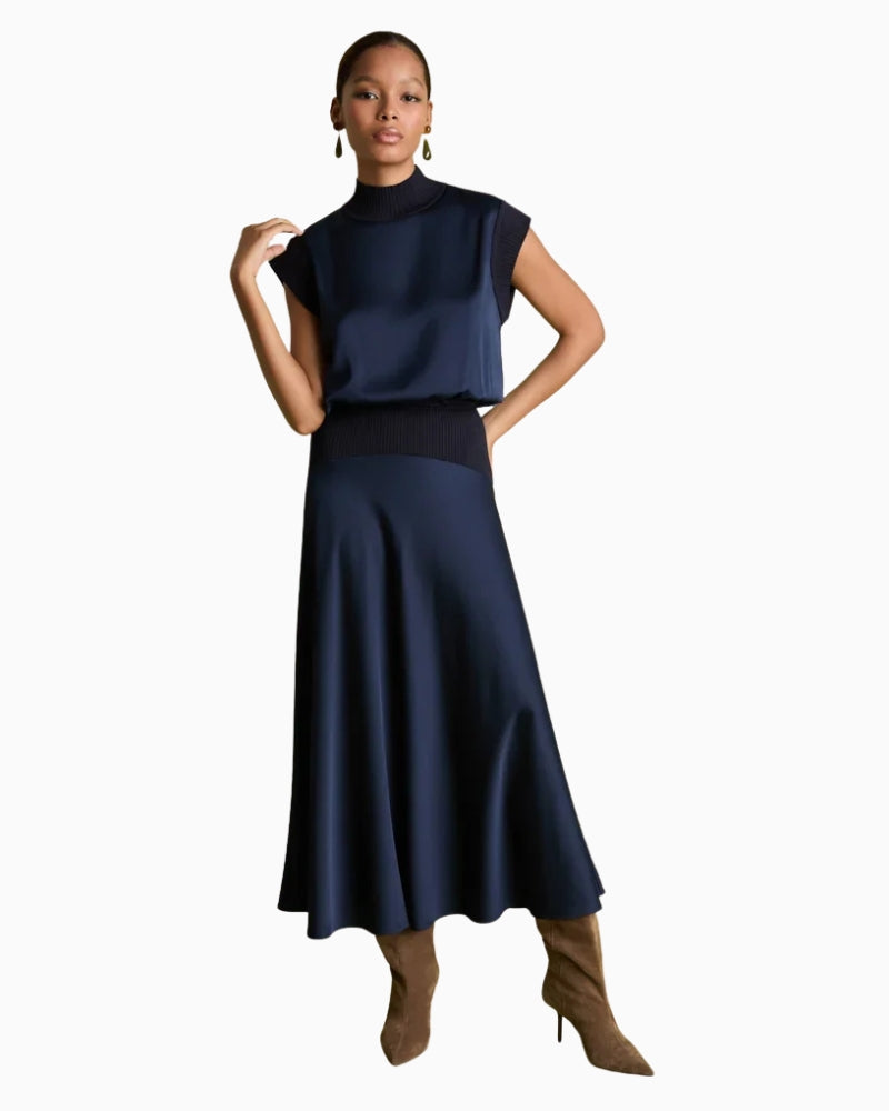 Florere Knit & Satin Top in Navy styled view