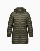 Frandsen Padded Coat in Khaki front view with hood and zipped pockets