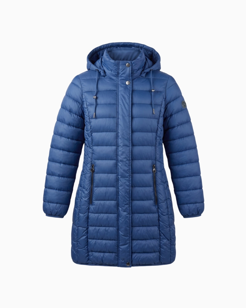 Frandsen Padded Coat in Navy front view with hood and zipped pockets