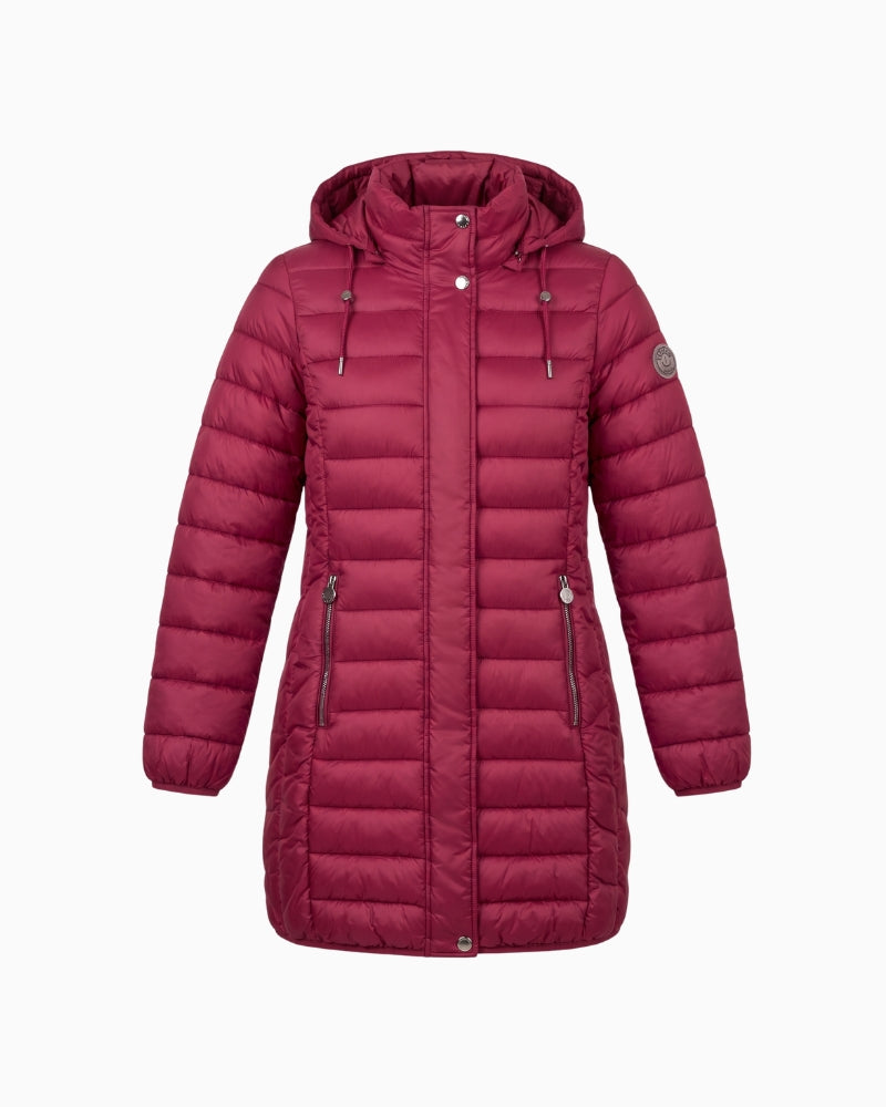 Frandsen Padded Coat in Red front view with hood and zipped pockets