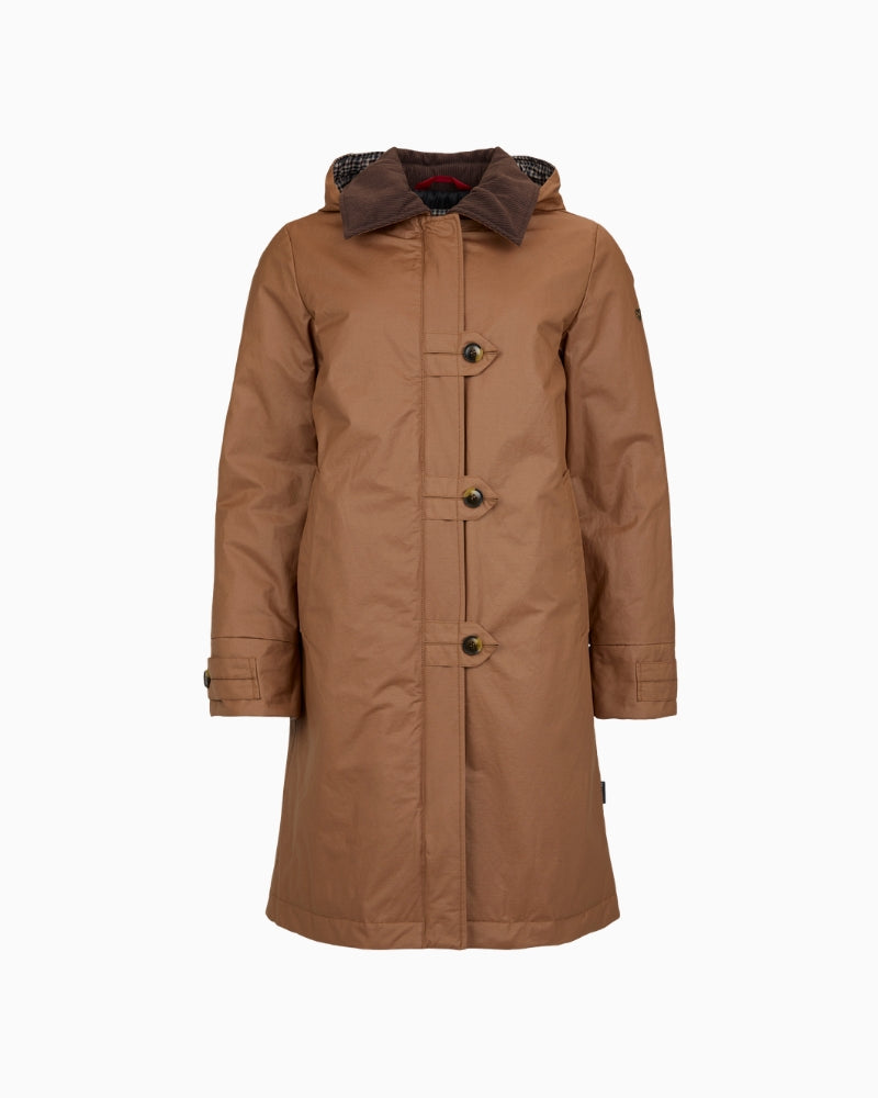 Frandsen Parka Jacket in tan front view with contrast brown collar and hood