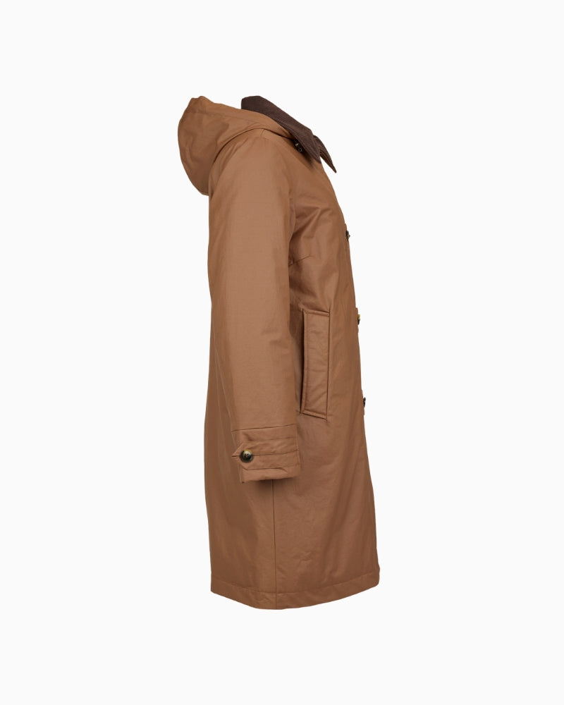 Frandsen Parka Jacket in tan side view with front pocket and button cuff