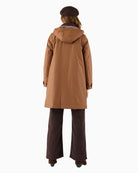 Frandsen Parka Jacket in tan worn back view with hood