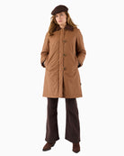 Frandsen Parka Jacket in tan worn front view with contrast brown collar