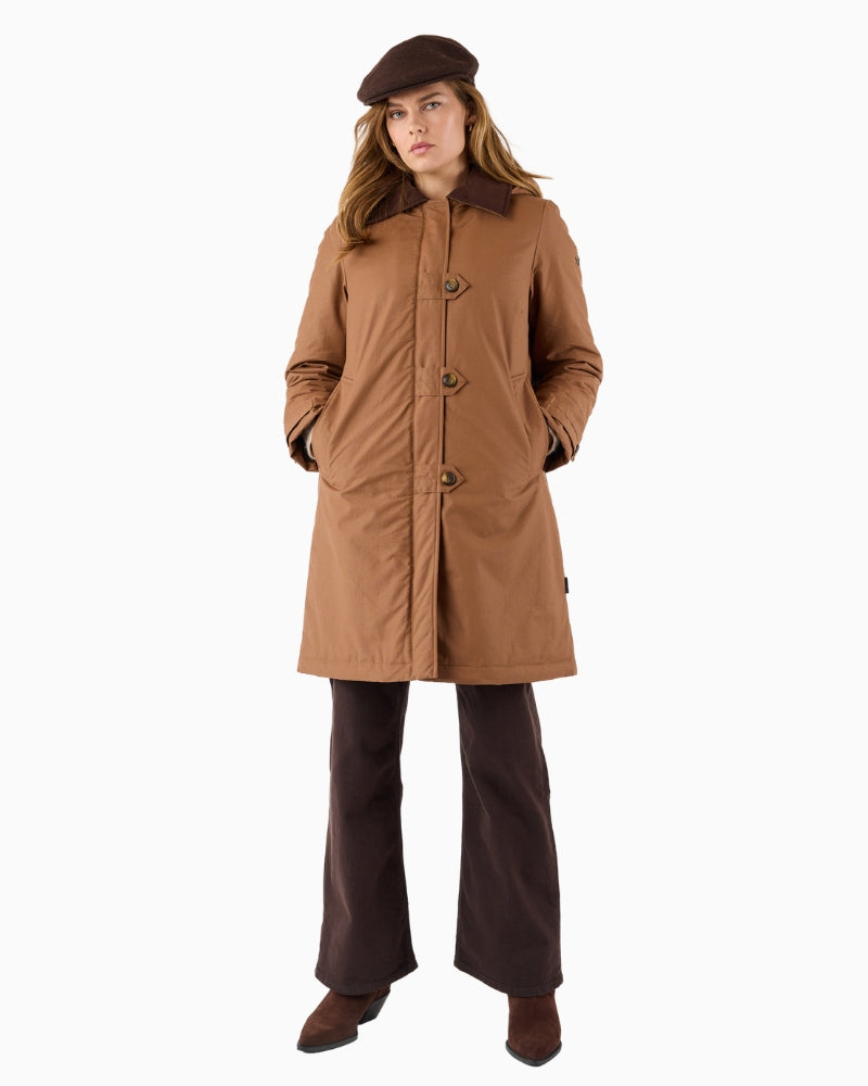 Frandsen Parka Jacket in tan worn front view with contrast brown collar