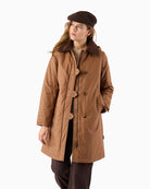 Frandsen Parka Jacket in tan worn open showing front zip fastening